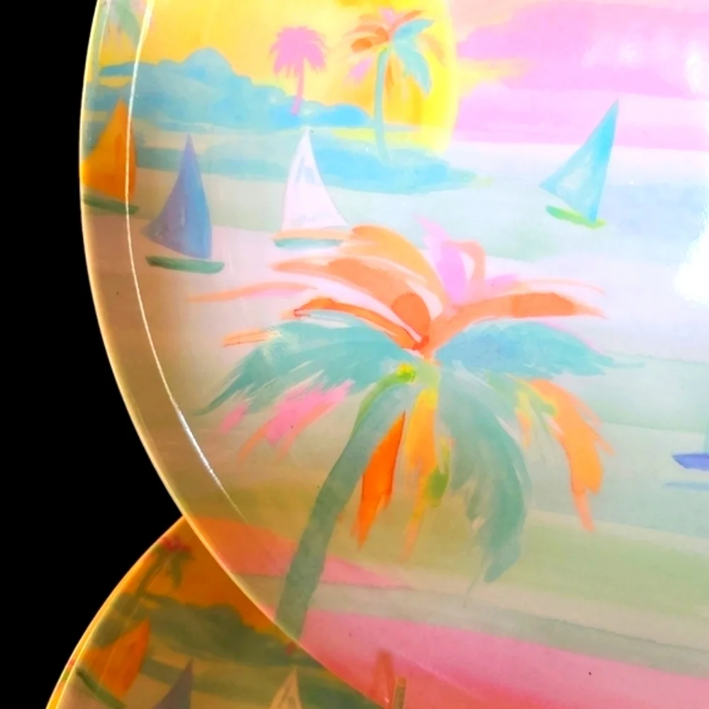 6 Tropical Beach Sailboat Sunset View Watercolor Palm Melamine Dinner Plate Set